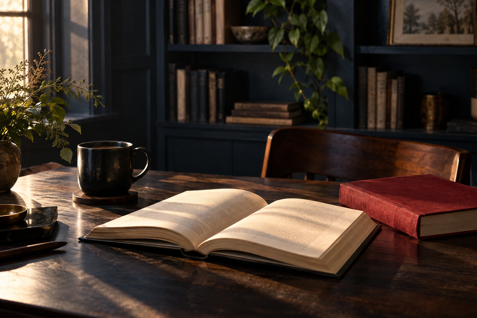 An open book and a cup of tea in a warm, sunlit reading room